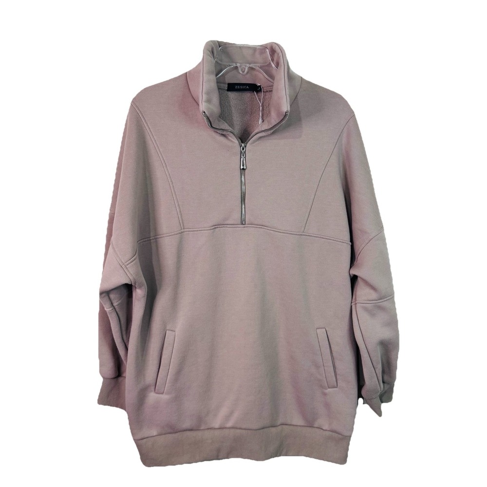 Zesica Women's Sweater L Quarter Zip Y2K Beige Oversize Fleece Long